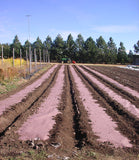 A farmer on a tractor in a filed laying out a long rolls of organic natural paper mulch over the soil and land to help with good plant growth
